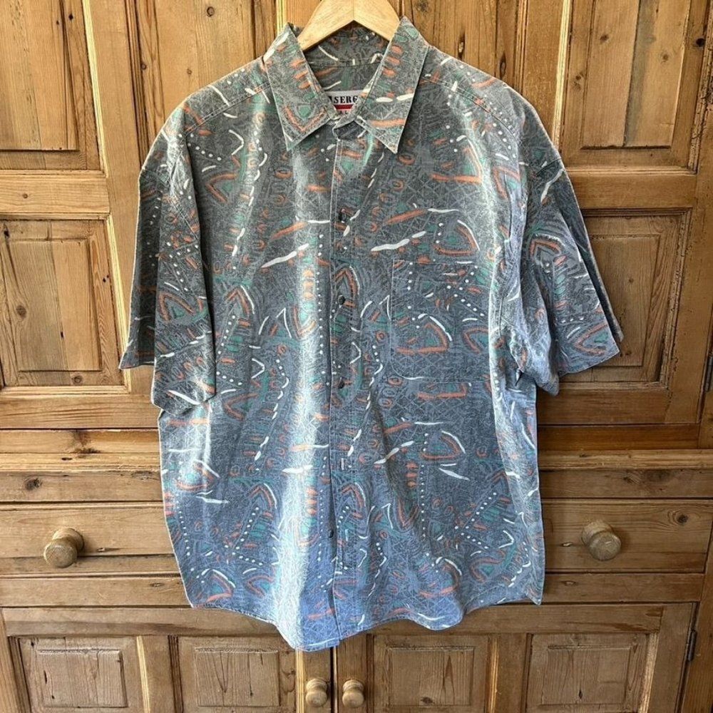 Sergio Valente Mens Large Gray Button Front Shirt Y2K 80s‎ Short Sleeve Vintage